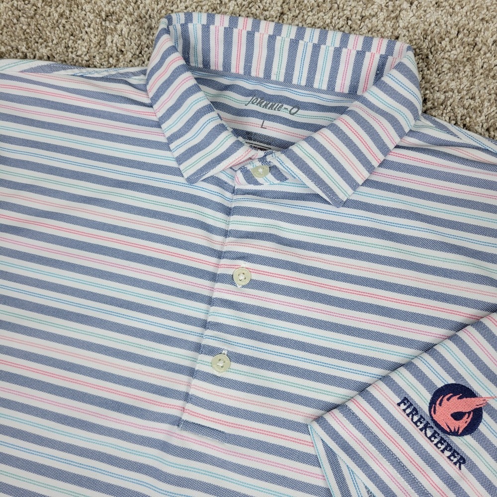 Johnnie O Mens Large White Blue Striped Performance Stretch Golf Polo SS